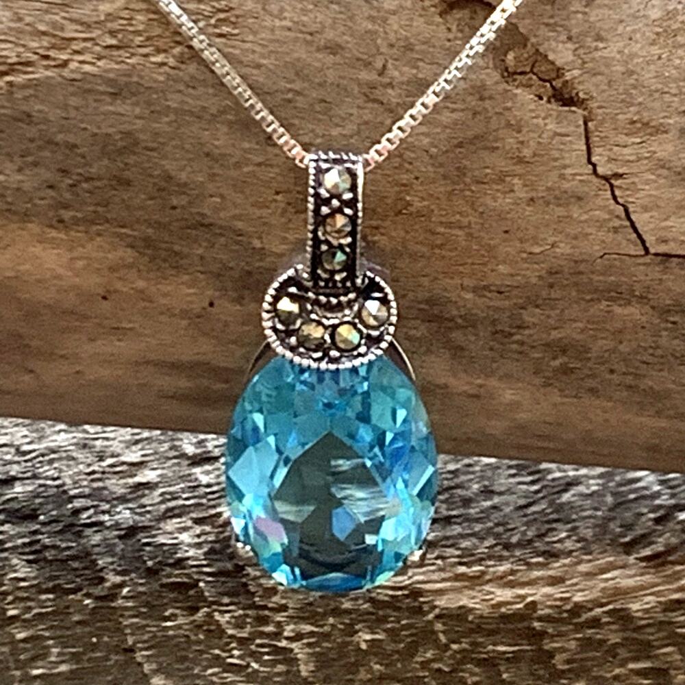 Dee Berkley Jewelry (DBJ) Necklace/Pendant Sterling Slvr, Blue Topaz & Marcasite